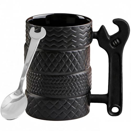 3D Tire Coffee Mug with Spoon and Handle, 500ml Large Mug Funny Gifts for Men Craftsmen Electricians Boss Car Enthusiasts Mechanics Motorcyclists for Birthday Father's Day (Black 02)