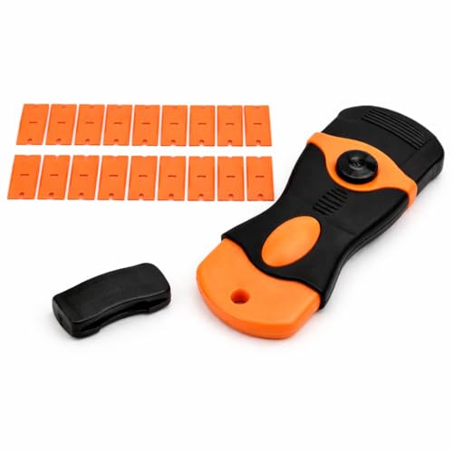 1 Pcs Plastic Razor Blade Scraper Kit with 20 Replacement Blades, Mini Plastic Scraper Tool for Removing Adhesive Sticker Label Decal Residue from Glass Window Car Floor Surface (Orange)