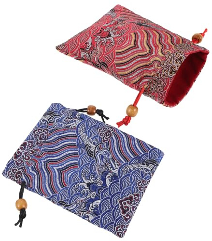 Veemoon Bolsas de Brocado de Doble Capa 2 Piezas Bolsa de Almacenamiento para Dulces y Joyería de Obsequio para Fiesta de Boda y Viaje Diseño Artesanal con Cuentas de Madera