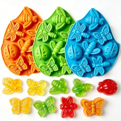QUNXON 3 Stück 3D Seifenformen Silikon, Silikon Backform Insekten Mustern, Silikonform Schmetterling, Libelle, Käfer, Biene, Eiswürfelform für DIY Schokolade, Kuchen, Muffins, Kerzen, Gelee und Seife