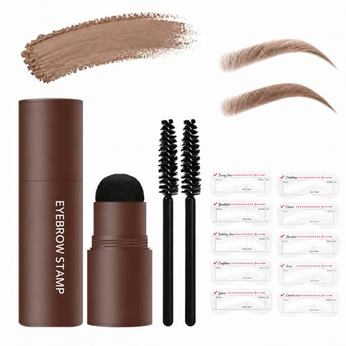 Eyebrow Powder Stamp Kit, Light Brown, 10 Stencils And 2 Spoolie Brushes | Rounded Sponge Applicator, Capped Compact Design, Guided Brow Shaping And Filling, Daily Make-Up Routines For Beginners