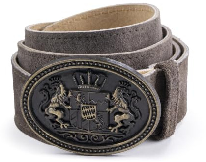 Schöneberger Trachten Couture Herren Trachtengürtel aus Echtleder, Lederhosen Gürtel mit Bayern-Wappen, Ledergürtel Traunstein grau/braun Antik