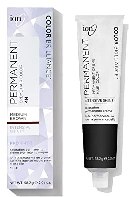 Ion Permanent Creme Hair Color 4N Medium Brown, Vegan, Cruelty Free, PPD Free, 100% Gray Coverage, Long Lasting, Fade Resistant Color, 2.05 oz