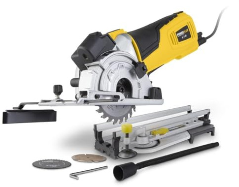 POWER plus POWX1365MB - Sierra circular + base de inglete 600w con 4 discos incluidos, Multicolor