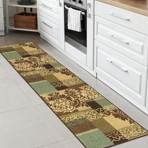 Ottomanson Ottohome - Alfombra rectangular, base de goma, diseño de damasco contemporáneo, 57 x 210 cm, color marrón