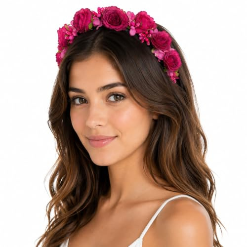 Blumen Haarreif „Sabia“ – Romantischer Haarschmuck mit Rosen & Blüten für Damen & Mädchen – Perfekt zum Dirndl, zur Hochzeit, Kommunion oder Festival (Pink)