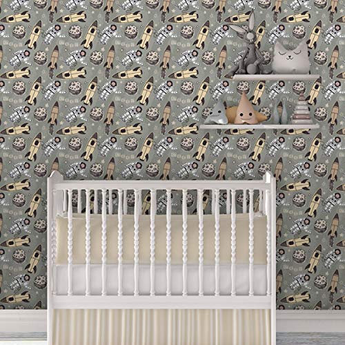 Coole Weltraum Kinderzimmer TapeteRocket Moon, beige Vlies Tapete Kinder, Space GMM Kindertapete Wandgestaltung für ihr Heim (H: 3m B: 46,5cm)