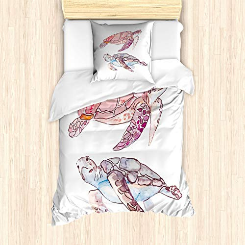 ABAKUHAUS Schildkröte Bettbezug Set für Einzelbetten, Aquarell Soft-Kunstwerk, Milbensicher Allergiker geeignet mit Kissenbezug,Rosa Fuchsia