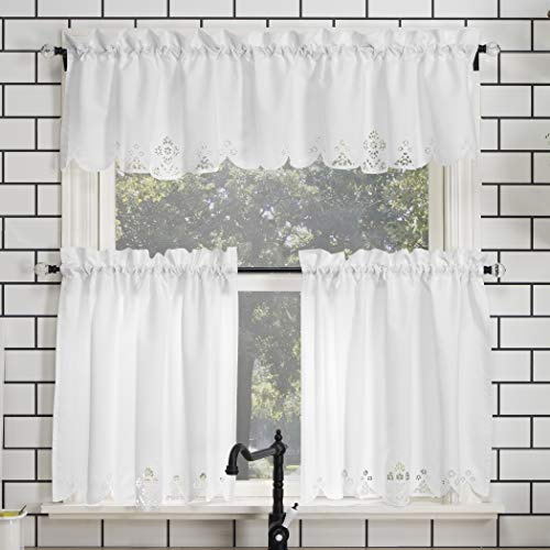 No. 918 Mariela Floral Trim Semi-Sheer Rod Pocket Kitchen Curtain Valance and Tiers Set, 58 x 36, White