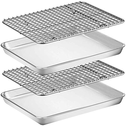 Wildone Baking Sheet with Rack Set [2 Pans + 2 Racks], Stainless Steel Cookie Sheet Baking Pan Tray with Cooling Rack, Size 12 x 10 x 1 Inch, Non Toxic & Heavy Duty & Easy Clean