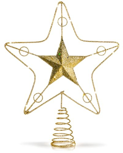 COM-FOUR® Deko Stern Weihnachten, Weihnachtsdekoration Stern aus Metall | Aufsteller Weihnachtsstern mit Glitzer und Paillette - goldfarbene Weihnachtsbaumspitze