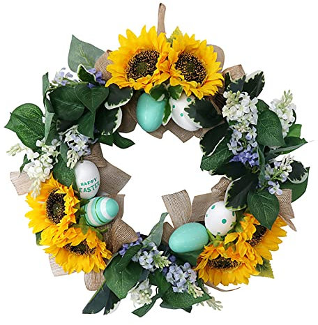 DADEA 40 cm großer Osterei-Kranz, künstliche Sonnenblumen-Blume, Haustür-Kranz, Frühling-Sommer-Osterdekoration, Innen- oder Außenbereich, attraktive Dekoration für Haustür, Wanddekoration, Party