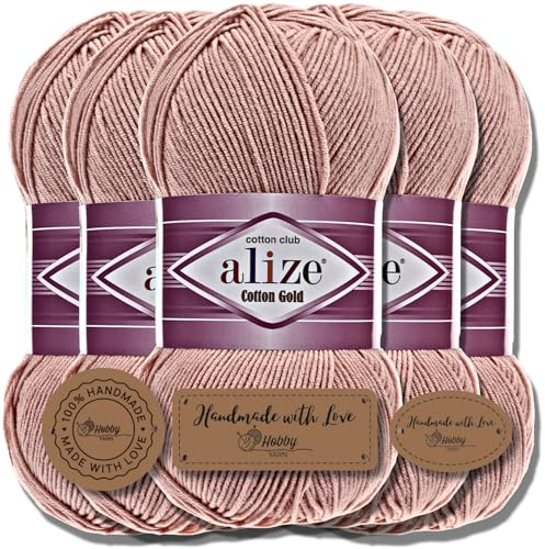 Hobby YARN 3x Etikettenlabel mit Alize Cotton Gold Wolle Premium 5x100g als Set, Yarn, Garn, Sommerwolle, Baumwolle, Strickgarn, Einfarbig, Baby, Kleidung, Schals (Powder - 161)