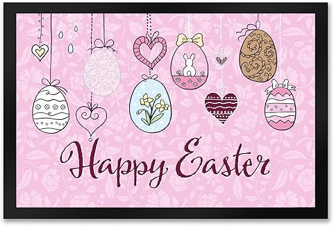 speecheese Happy Easter Ostern Fußmatte XXL in 50x75 cm mit Ostereier-Motiv in rosa als schöne Frühlings- oder Osterdekoration für Haus und Garten und um deinen Besuch willkommen zu heißen