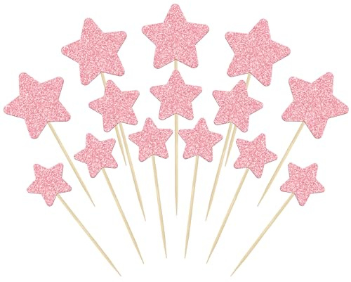 Gyufise 42Pcs Little Star Cupcake Toppers Pink Glitter Twinkle Star Cupcake Picks Wedding Engagement Bridal Shower Baby Shower Birthday Party Cake Decorations Supplies 3 Sizes