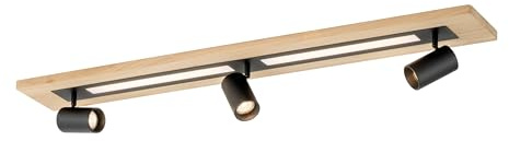 EGLO Deckenlampe Torrestralle, Deckenleuchte mit LED-Panel und 3 Spots, Wohnzimmerlampe aus schwarzem Metall und Holz-Furnier in Eiche-Optik, Lampe Decke Wohnzimmer, warmweiß, L 112 cm