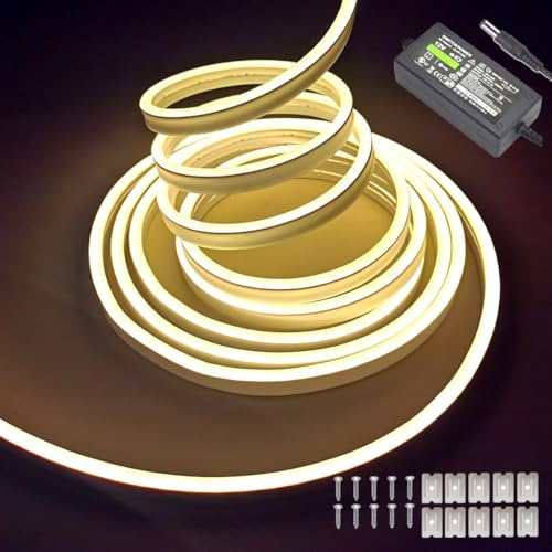 Balabaxer Warmweiß Neon-LED-Lichtleiste, 16,4 Fuß/5 m 12 V DC 600 SMD2835 LEDs Wasserdichte Lichtröhre für Innen- und Außenbereich Wohndekoration (mit Netzteil)