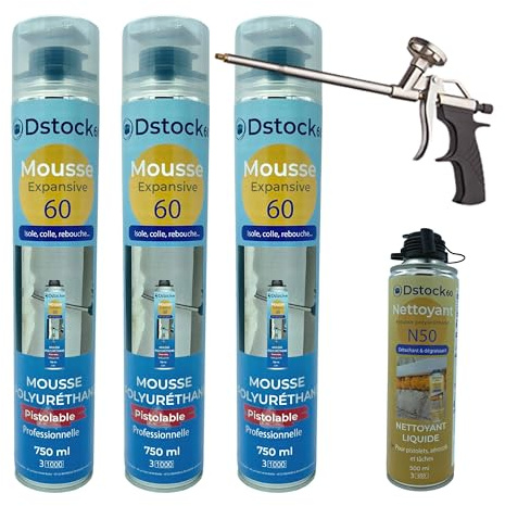 DSTOCK60 - Lot de 3 mousses expansives pistolables 750 ml + 1 Nettoyant Mousse + 1 pistolet - Mousse polyuréthane professionnelle - Isole, colle et rebouche - Extérieur et intérieur