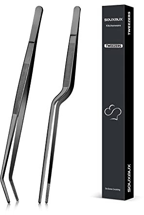 25cm Kochpinzette und Gebogene Pinzette, Präzisionszahnspitzen, Professionelle Küchenwerkzeuge aus Edelstahl zum Grillen, Plattieren und Servieren Schwarz