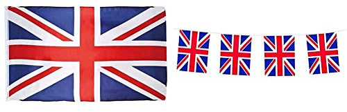 Boland 11620 - Dekorationsfahne Union Jack, 1 Stück, Größe 90 x 150 cm, England, Flagge & Wimpelkette Union Jack, Länge 10 Meter, Großbritannien, Nationalflagge, Fahnenkette, Kunststoffgirlande