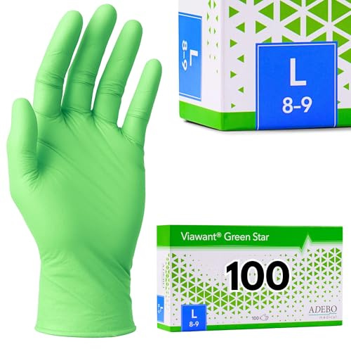 Einweghandschuhe 100 Stück | L | Nitrilhandschuhe Grün | Puderfreie, latexfreie Einmalhandschuhe | Reißfest & feinfühlig | EN 455 & EN 374 | Gr. S, M, L
