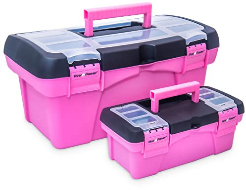Pink Power Cassetta degli attrezzi rosa da donna, per cucito, arte e artigianato, piccola e grande, in plastica, con manico, cassetta degli attrezzi rosa, scatola per attrezzi da cucito, mini scatole