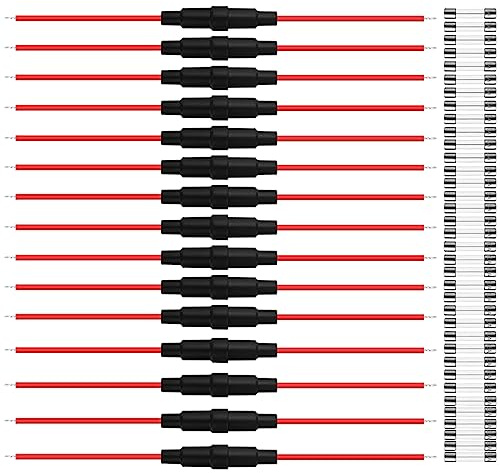 MKBKLLJY 15St. 5x20mm Sicherungshalter Inline-Schraube Typ mit 16 AWG roten Draht 60pcs Quick Blow Glasrohr Sicherung 250V 1A 3A 5A 10A 15A 20A Sortiment Kit für Automobilelektronik