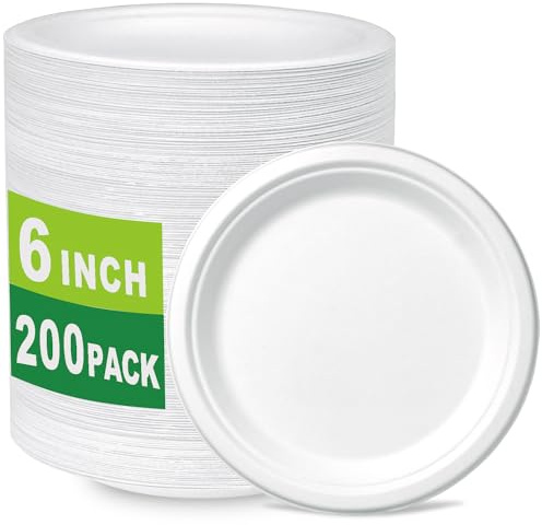CantaGreen 200 Count 6 Inch Small Heavy Duty Compostable Dessert Plates, Biodegradable Bagasse and Bamboo Fiber Paper Plate