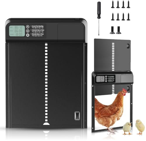 Piashow Automatische Hühnerklappe Elektrisch Hühnerklappe Aluminum, IPX3 Wasserdicht Elektrische Hühnerklappe mit Großes Display,Timer,Manuelle und Intelligenter Einklemmschutz für Hühnerstall Zubehör
