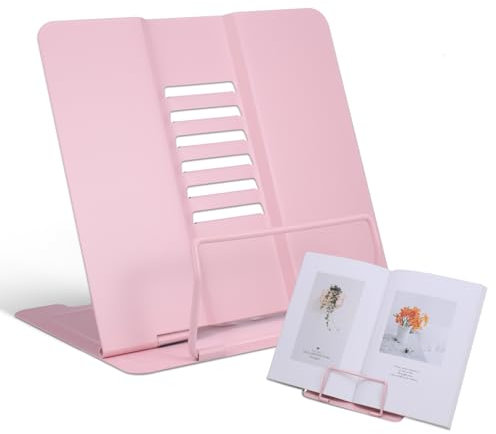Kssvzz Book Stand, Metal Cookbook Holder with Adjustable Angle, Portable Sturdy Bookstands for Reading Book, Documents and Book Display, Pink, HK038