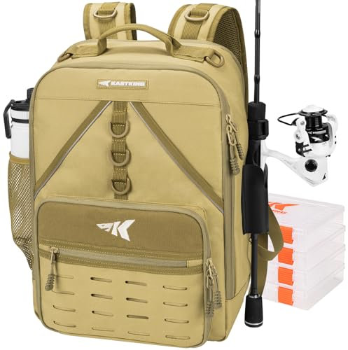 KastKing KarryAll Fishing Tackle Backpack with Rod Holder 4 Tackle Boxes,40/26L Tackle Bag Storage Fishing Gear and Equipment,Khaki,Medium