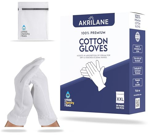 AKRILANE 20 pares de guantes de algodón extra grandes hidratantes para la noche para manos secas, eccema, psoriasis y tratamiento de spa para la piel, para mujeres y hombres, con bolsa de lavandería