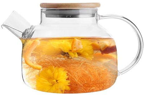 Glass Teapot Stovetop 34 OZ/1000ml, Borosilicate Clear Tea Kettle with Bamboo Lid, Glass Tea pot with Removable Filter Spout, Teapot Blooming and Loose Leaf Tea Maker Tea Brewer for Camping (34OZ)