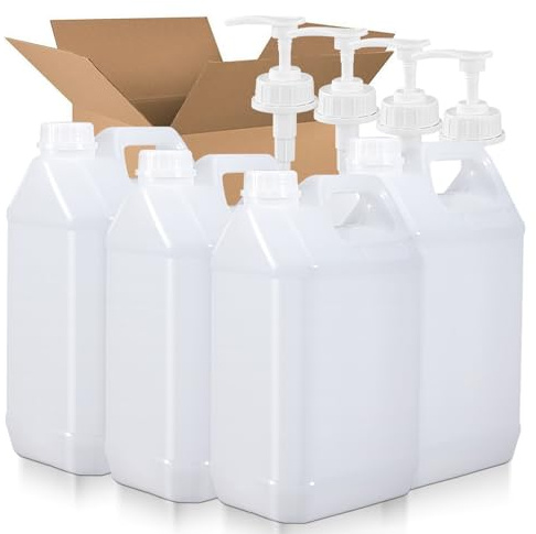 UMETASS 1 Gallon Plastic F-Style Jug (4-Pack) Reusable Food-Safe, Heavy-Duty HDPE Containers for Water, Sauces, Soaps, Detergents, Honey Liquids with Screw-On Cap and Pump Cap (Translucent, 1 Gallon)