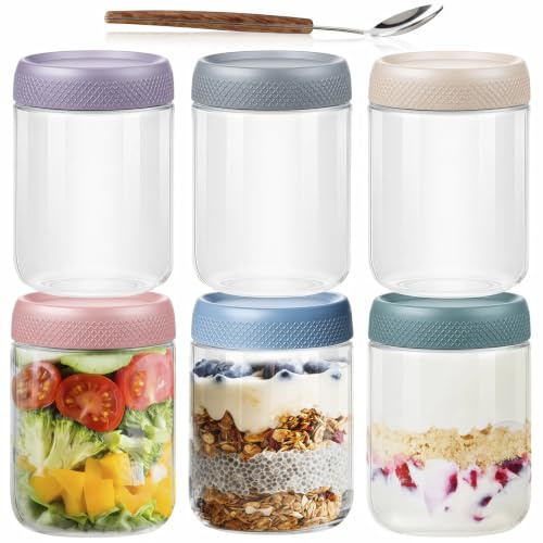 MR.KIANGCI 500ml Overnight Oats Gläser, 6 Pack Meal Prep Boxen Glas mit Deckel und Löffel, Wide Mouth Meal Prep Gläser mit Deckel,Joghurt,Snacks, Obst, Salat Dressing,Einmachgläser für Trockenvorräte