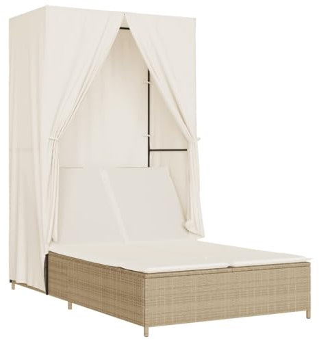 vidaXL Sonnenliege, Doppelliege mit Dach Vorhängen, Gartenliege Verstellbare Rückenlehne, Relaxliege Liege Gartenmöbel, Beige Poly Rattan