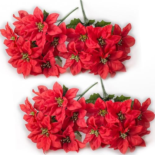 euluoziqing 4 Stück Künstliche Weihnachtsstern Blumen, Poinsettia Weihnachtsblume Deko, Rot Christbaumschmuck für Hochzeit Party Home Dekoration Weihnachtsbaum Neujahr Ornamente (Rot)