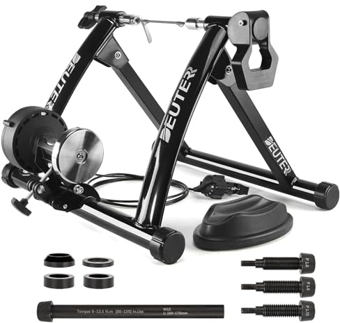 Bike Trainer, Magnetic Bicycle Stationary Stand for Indoor Exercise Riding, 26-29 & 700C Wheels, Quick Release Skewer & Front Wheel Riser Block Included (BK+ Thru AXLE)