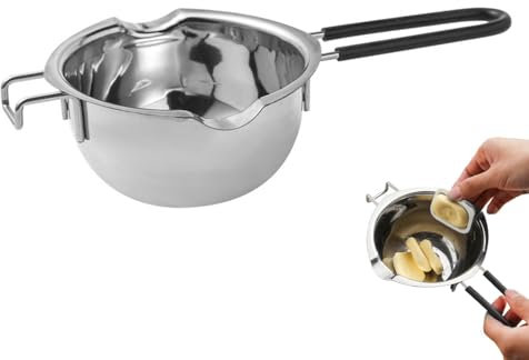 LearnLyrics Tazón para derretir Chocolate, crisol de Mantequilla | Olla para derretir Cera: Olla de Acero Inoxidable de 400 ml con Mango de Silicona Resistente al Calor para derretir Queso praliné