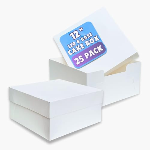 PACK N TRADE White Cake Box 12 inch, Pack of 25 Square Cardboard Cake Boxes with lids (12 x 12 x 6 Inches), Ideal for Safely Carrying and Transporting Cakes
