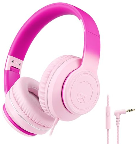 Rockpapa Kids L22 Wired Over Ear Headphones with Microphone, Adjustable Headband, Foldable for Kids Teens, Gradient Rose