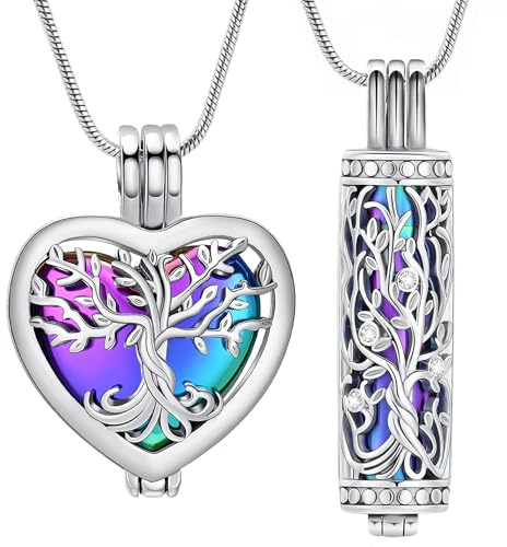VCCWYQK Collar de urna de árbol de la Vida para Cenizas de cremación con Botella Hueca, Cilindro Keepsake Memorial Lockets Ceniza Titular para Mujeres Hombres Mascotas