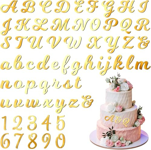 64 PCS Lettre Gateau Topper Chiffre Topper, 0-9 Chiffres en Miroir et A-Z Lettres Majuscules et Minuscules, Topper Gateau Personnalisé Acrylique pour Mariage Anniversaire Fête Célébration, Or