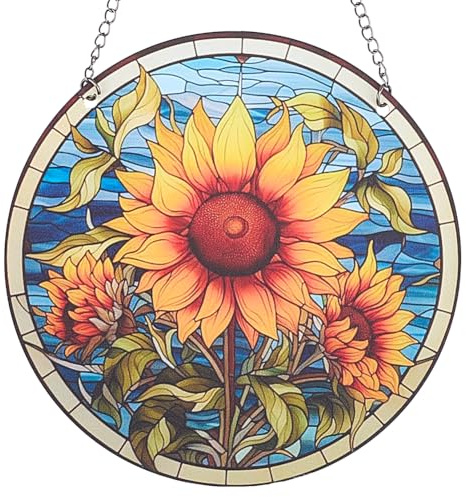 CREATCABIN Solros solfångare målade fönsterhängningar akryl fönsterpanel glas fönsterhängningar dekor gul solros dekor konst rund solfångare för hängningar trädgårdsprydnad gåva 15 x 15 cm
