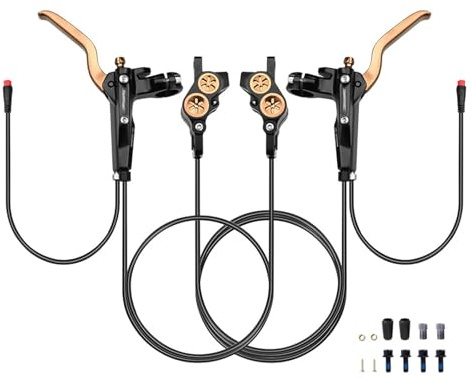MirOdo Hydraulisches E-Bike-Scheibenbremsen-Set Beidseitige 4-Kolben-Bremse Mit 2-poligem Magnetsensor-Ausschaltanschluss Aus Aluminiumlegierung 2300mm-Schlauch Vorne Und Hinten(Black Gold)