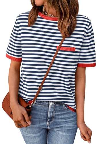 LILLUSORY Womens Spring Short Sleeve Sweater Shirts Tops Summer 2026 Cute Business Dressy Casual Teacher Trendy Outfits Clothes Blouse Work Beach Vacation Fashion Cotton Striped Red Navy L