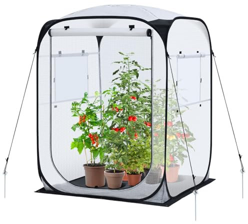 Ohuhu Pop Up Gewächshaus Tomaten Foliengewächshaus Stabil mit PE-Abdeckung und Fernster, Begehbarer Gewächshaus Gewächshaus Klein Winterfest Tomatenhaus für Optimales Pflanzenwachstum Weiß