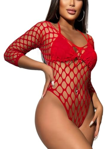 Bommi Fairy Bodysuit topp för kvinnor stretch sexig en del långärmad mesh rave sparkdräkt fisknät teddy underkläder, röd, XS-XXL