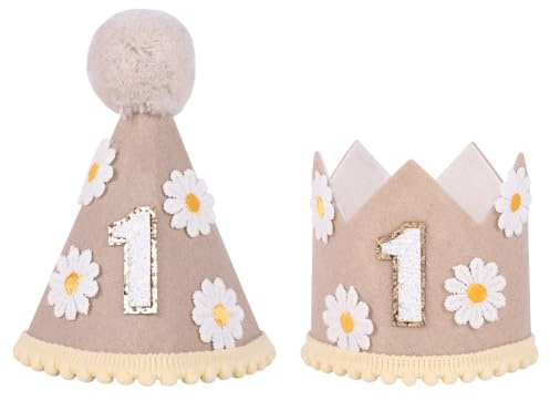 Fnaobai 2 x Gänseblümchen-Baby-Mütze, 1. Geburtstag, Kronenkappe, Kuchen, Smash, Party, Foto-Requisiten, Kegelkappe für Mädchen und Jungen