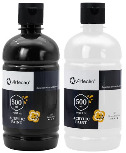Juego de pintura acrílica de 500 ml en blanco y negro, resistente al agua y a la luz, secado rápido, pintura acrílica para lienzo, madera, tela, artesanía, cuero y piedra.